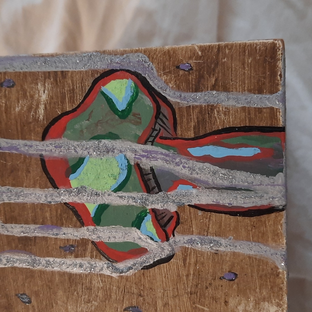 Vintage 3 drawer wooden jewelry box Mushroom painting